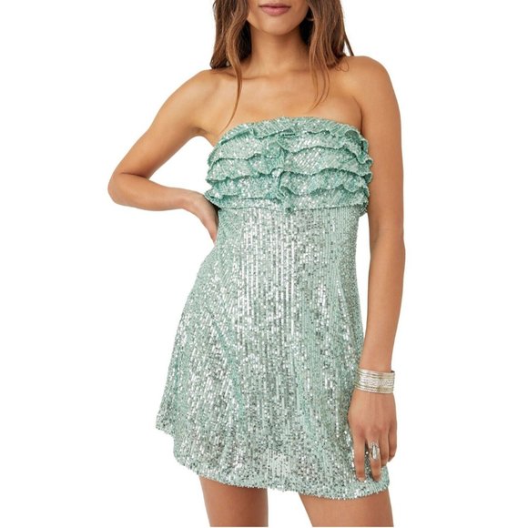 NEW $168 FREE PEOPLE [ 8 ] Frida Sequin Ruffle‎ Minidress in Island Sea Green - Picture 14 of 14